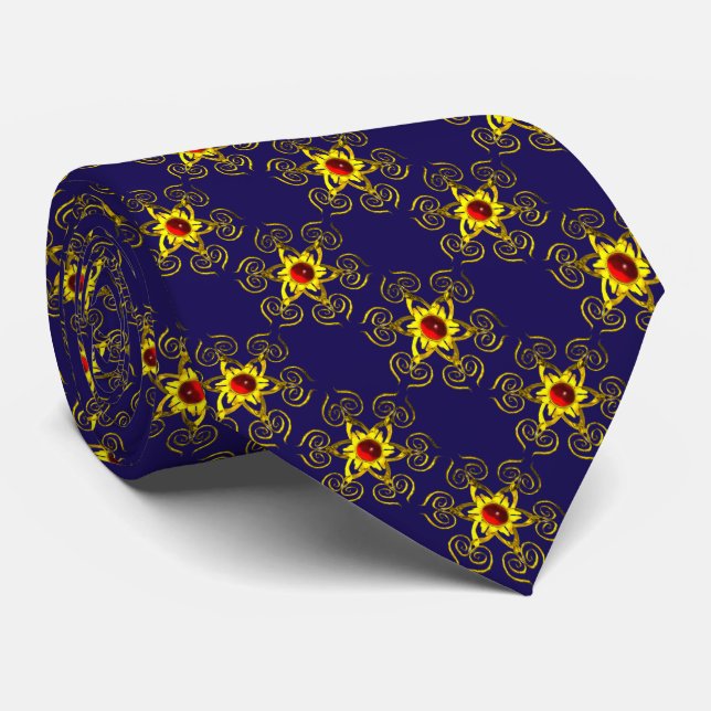 GOLDEN ROSE WITH RED RUBY IN BLUE TIE (Rolled)