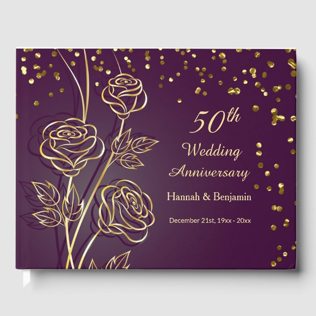 Golden roses, confetti 50th Wedding Anniversary Guest Book (Front)