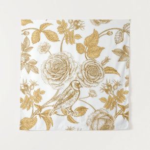 Golden roses, flowers, leaves and berries of dog tapestry