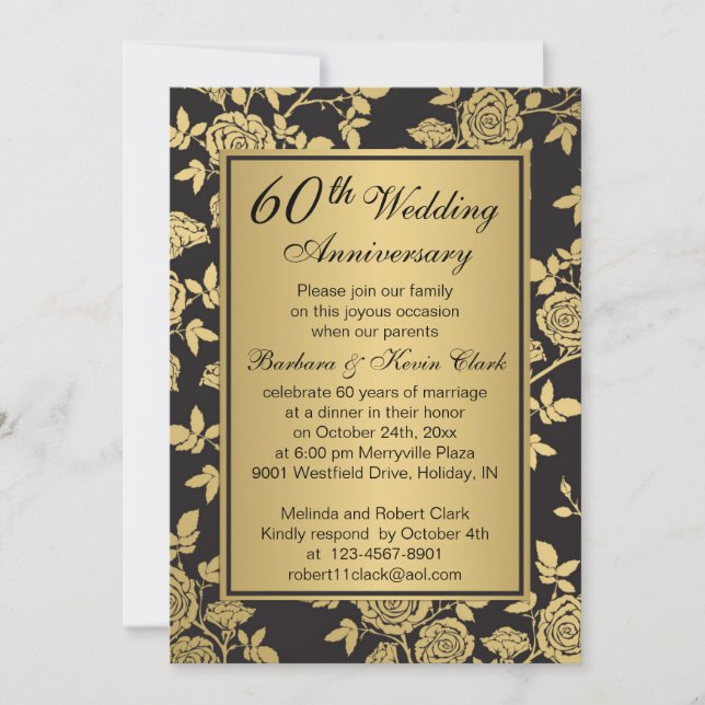Golden roses on black 60th Anniversary Invitation (Front)