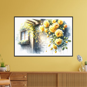 Golden Roses on Rustic Stone Cottage Wall Canvas Print