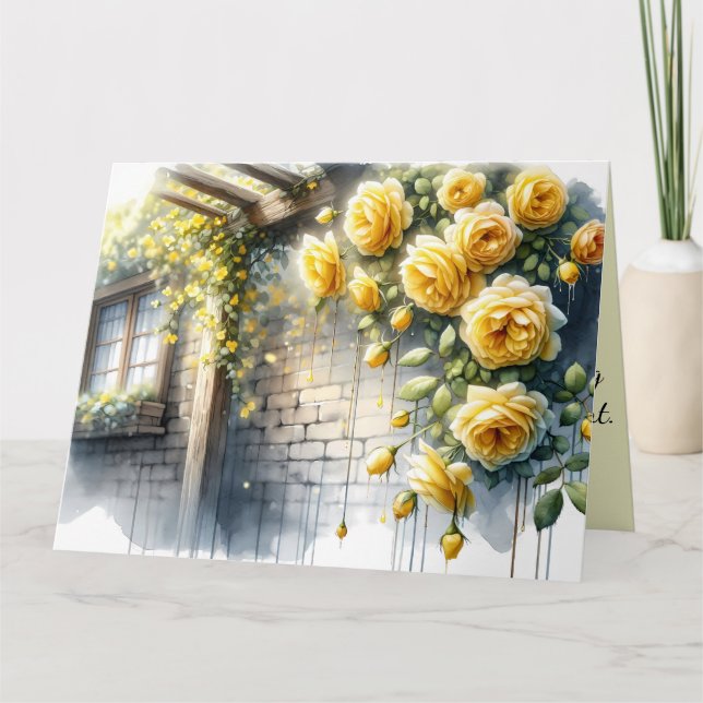 Golden Roses on Rustic Stone Cottage Wall Card (Front)