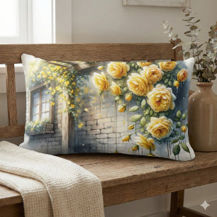 Golden Roses on Rustic Stone Cottage Wall Lumbar Cushion