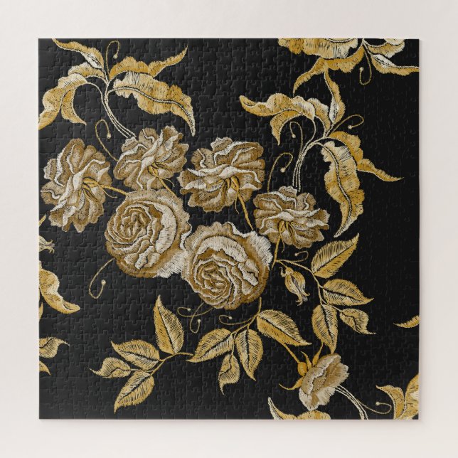 Golden Roses: Vintage Embroidery Pattern Jigsaw Puzzle (Vertical)