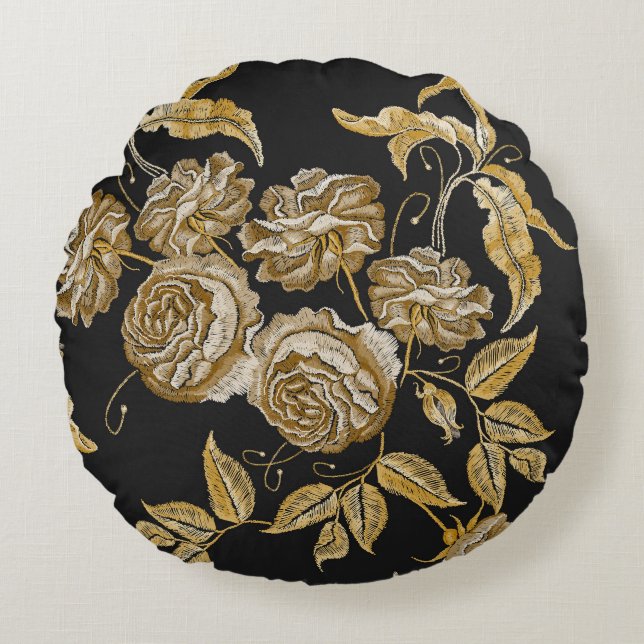 Golden Roses: Vintage Embroidery Pattern Round Cushion (Front)