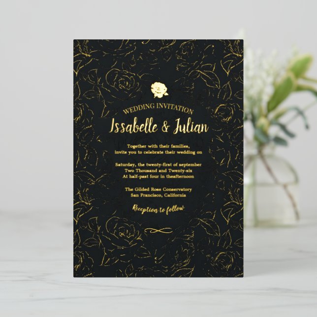 golden roses wedding invitation  (Standing Front)