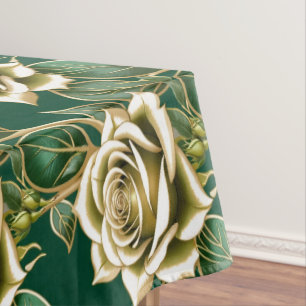 Golden Roses With Emerald Green Leaves  Tablecloth