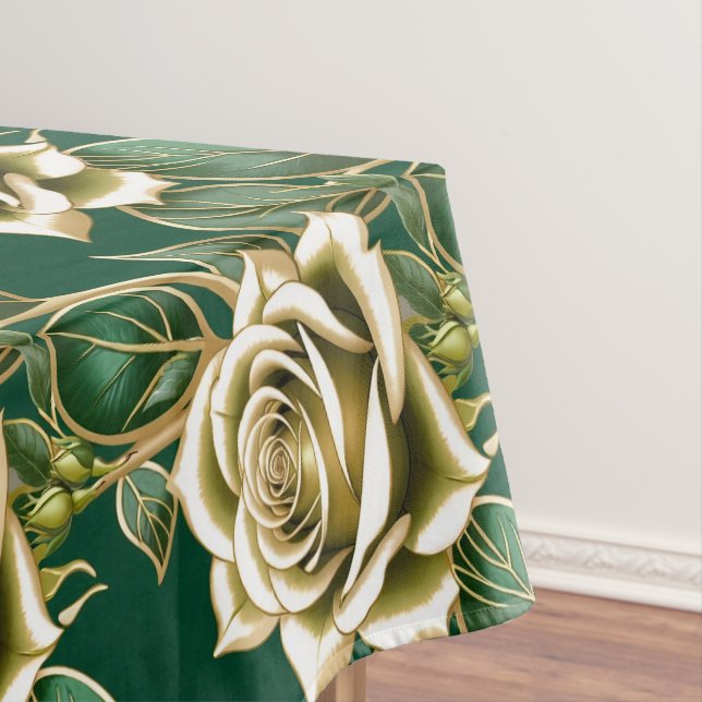 Golden Roses With Emerald Green Leaves  Tablecloth (In Situ)