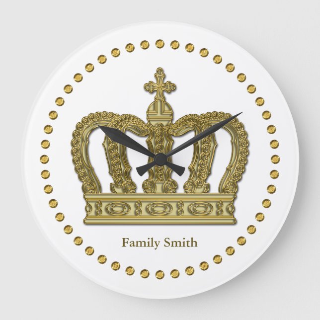 Golden Royal Crown II + your backgr. & ideas Large Clock (Front)