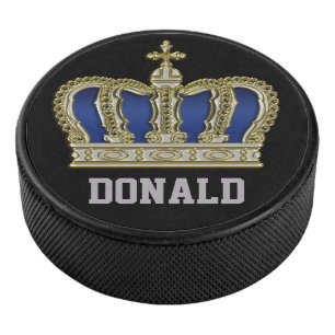 Golden Royal Crown V + your backgr. & Name Hockey Puck