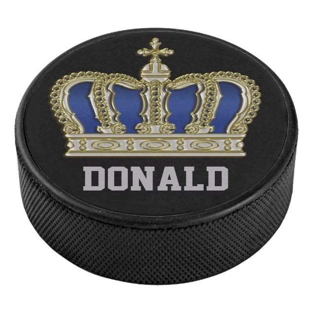 Golden Royal Crown V + your backgr. & Name Hockey Puck (3/4)