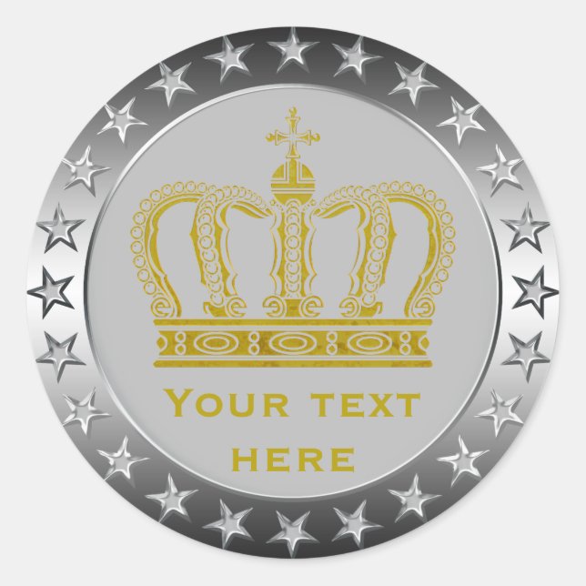 Golden Royal Crown + your backgr. & ideas Classic Round Sticker (Front)