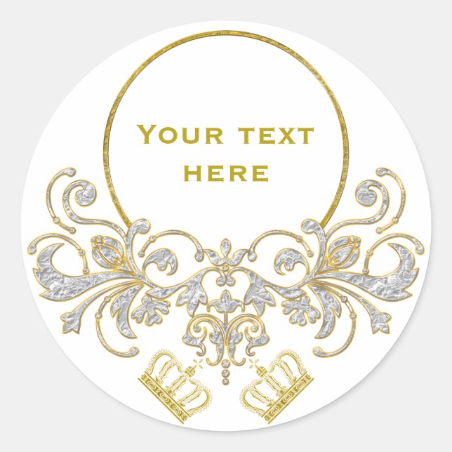 Golden Royal Crown + your backgr. & ideas Classic Round Sticker (Front)
