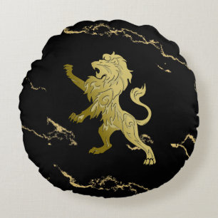 Golden Royal Lion Black Marble Round Cushion