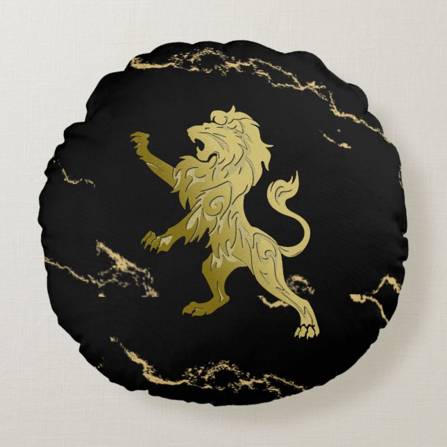 Golden Royal Lion Black Marble Round Cushion (Front)