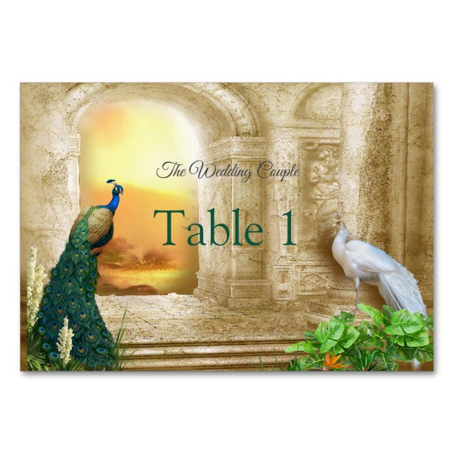 Golden Royal Peacock Temple Dreams Table Number (Front)