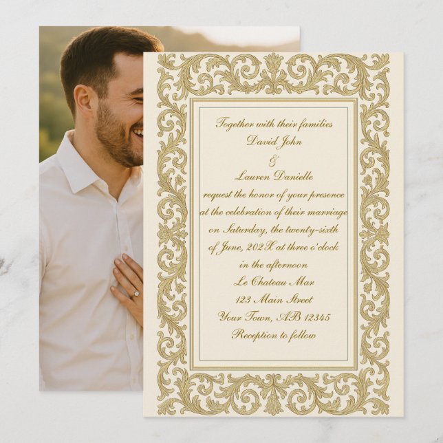 Golden Royal Scrolls Photo Wedding Invitation  (Front/Back)