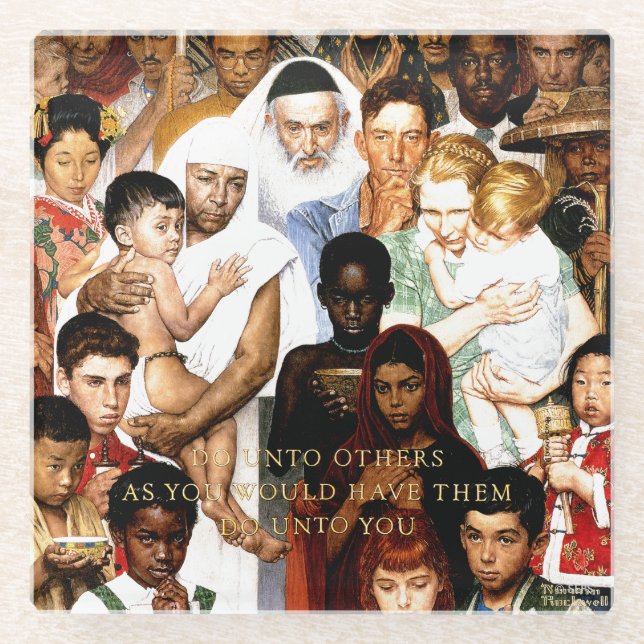 Golden Rule (Do unto others) by Norman Rockwell Glass Coaster (Front)