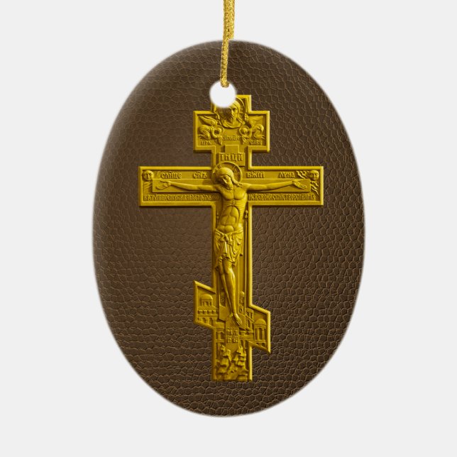 Golden Russian orthodox cross Ceramic Tree Decoration (Front)