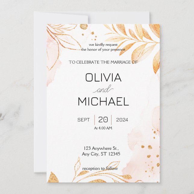 Golden Rustic Autumn Foliage Wedding Invitation (Front)