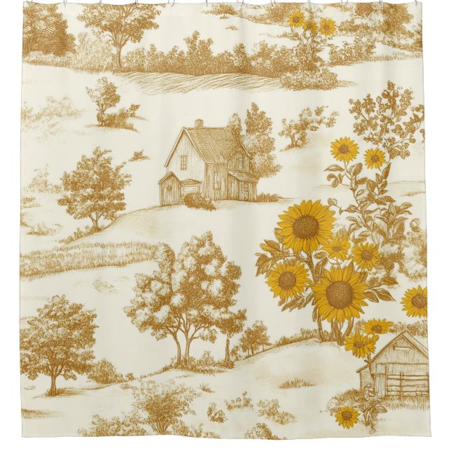 Golden Rustic Sunflower Countryside Toile Pattern Shower Curtain (Front)