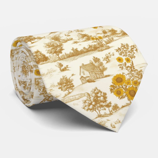 Golden Rustic Sunflower Countryside Toile Pattern Tie (Rolled)