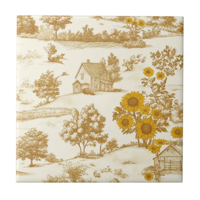Golden Rustic Sunflower Countryside Toile Pattern Tile (Front)