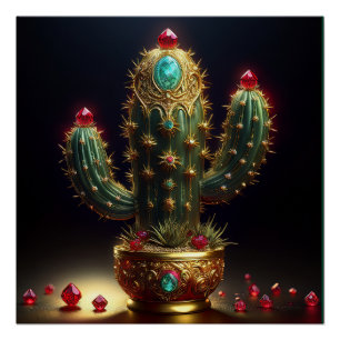 Golden Saguaro Cactus With Embedded Rubies Poster