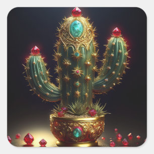 Golden Saguaro Cactus With Embedded Rubies Square Sticker