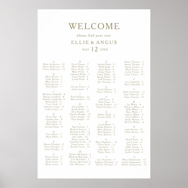 Golden Sand Alphabetical Seating Chart (Front)