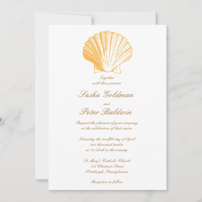 Golden Sand Sea Shells Wedding Invitation (Front)