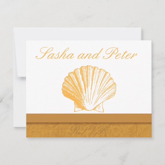 Golden Sand Shell Beach Wedding RSVP Cards (Front)