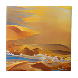 Golden sands blue water digital art tile