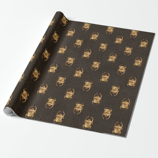 Golden Scarab Beetle Pattern on Dark Leather Wrapping Paper (Unrolled)
