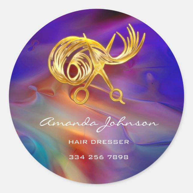 Golden Scissors Logo Hair Dresser Stylist Blue  Classic Round Sticker (Front)