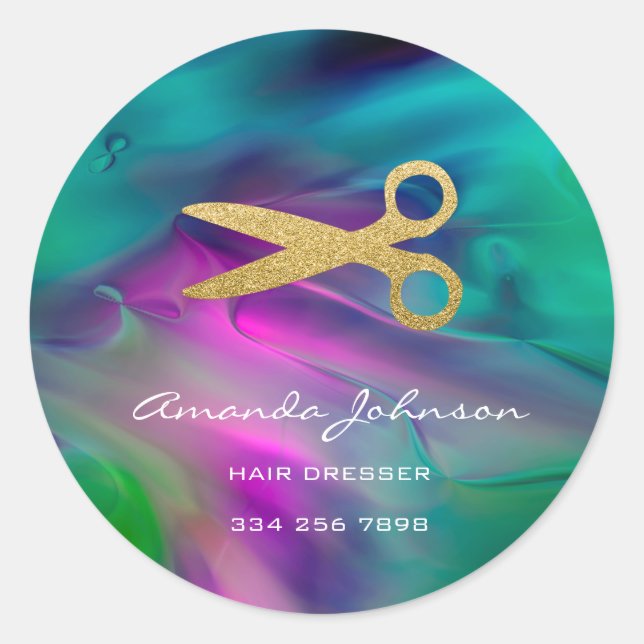 Golden Scissors Logo Hair Dresser Stylist Green  Classic Round Sticker (Front)