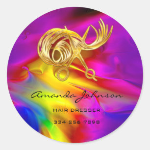 Golden Scissors Logo Hair Dresser Stylist Holograp Classic Round Sticker