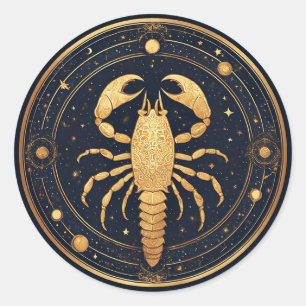 Golden Scorpion Artwork with Astrological Symbols Classic Round Sticker