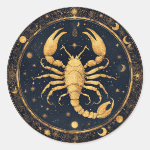 Golden Scorpion Artwork with Astrological Symbols Classic Round Sticker
