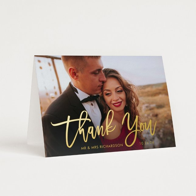 Golden Script | Elegant Wedding Photo Thank You Foil Greeting Card (Creator Uploaded)
