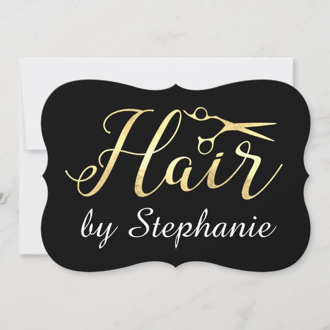Golden Script Scissors Hairstylist Hair Salon Invitation (Front)