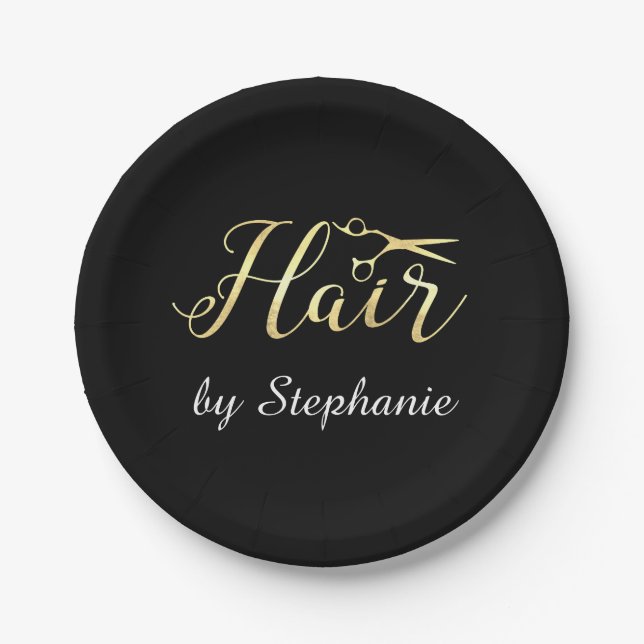 Golden Script Scissors Hairstylist Hair Salon Paper Plate (Front)