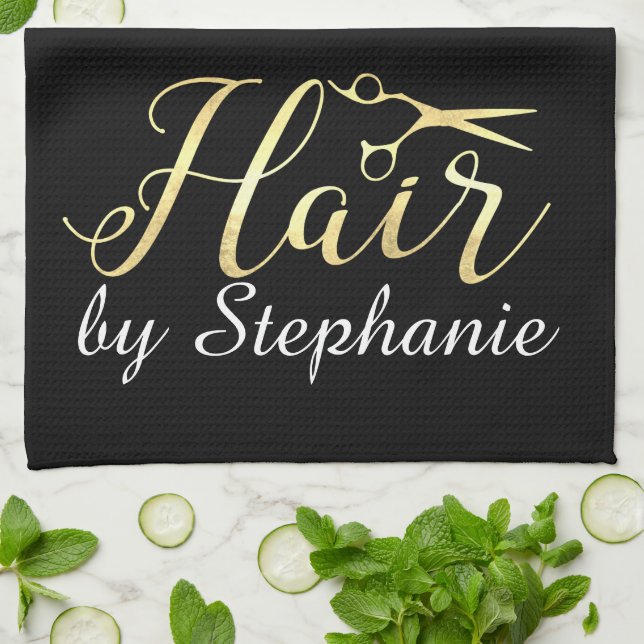 Golden Script Scissors Hairstylist Hair Salon Tea Towel (Folded)