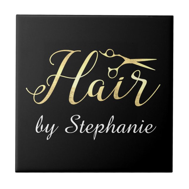 Golden Script Scissors Hairstylist Hair Salon Tile (Front)