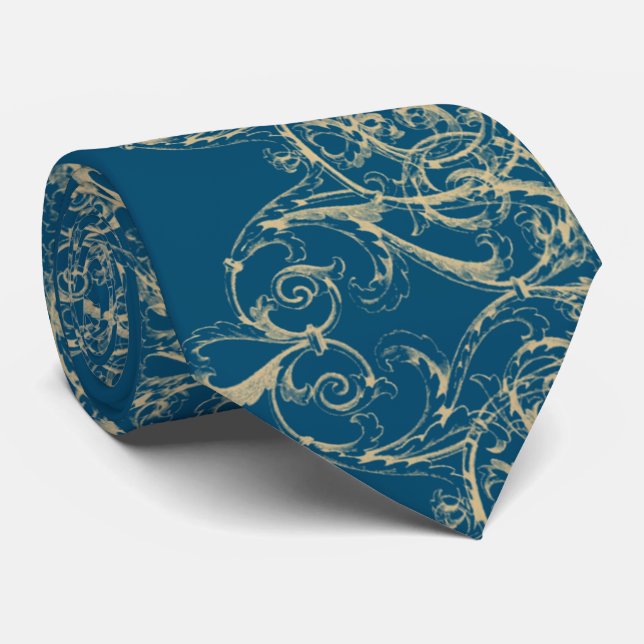 Golden Scrolls on Blue (or Change Background)  Tie (Rolled)