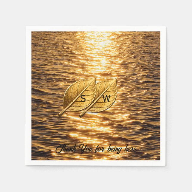 Golden Sea and Leaf Custom Wedding Napkin (Front)