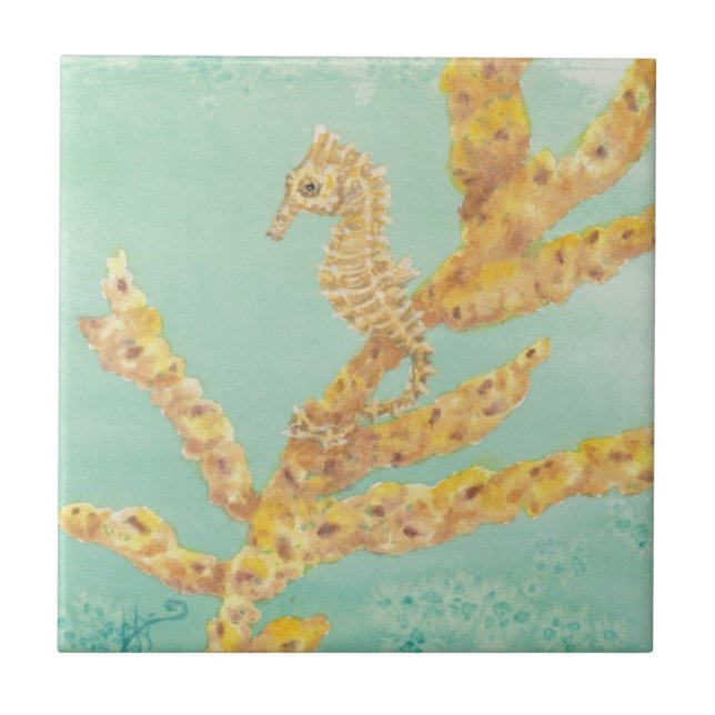 Golden Sea Horse in an aqua ocean Tile (Front)