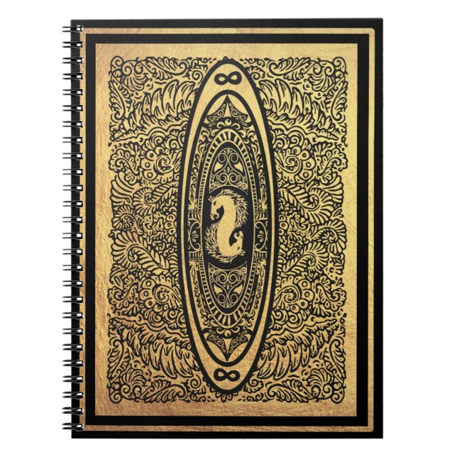 Golden Seahorse Mandala – Ornate Infinity Design Notebook (Front)