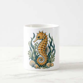 Golden Seahorse with Seagrass and Seashells Coffee Mug