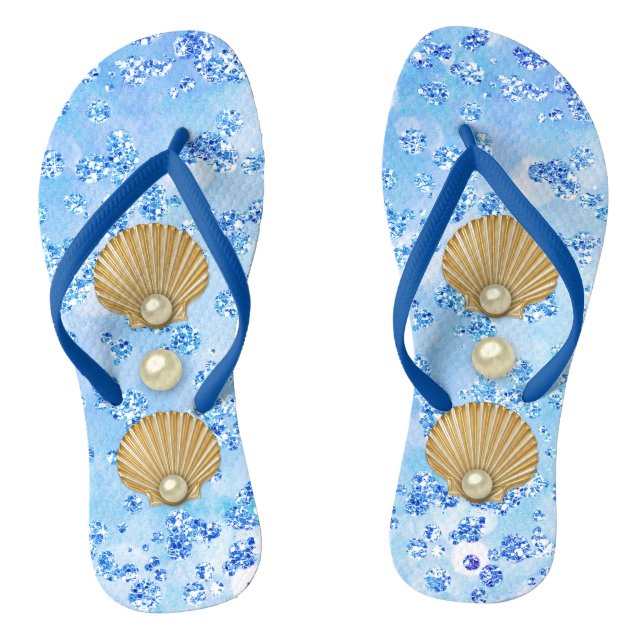 Golden Seashells & Pearls Blue Bokeh Bling Jandals (Footbed)